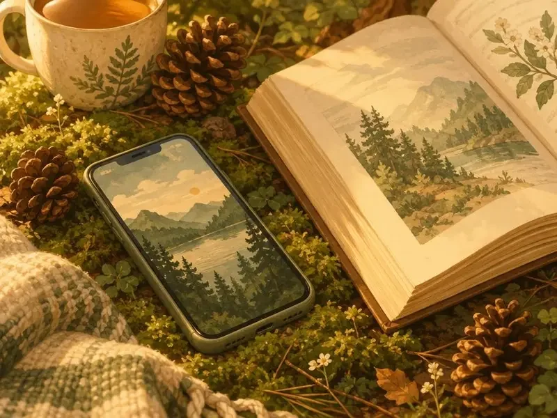 扫码下载客户端 手机与松果、翻开的书一起放在苔藓上的插画,示意扫码下载客户端